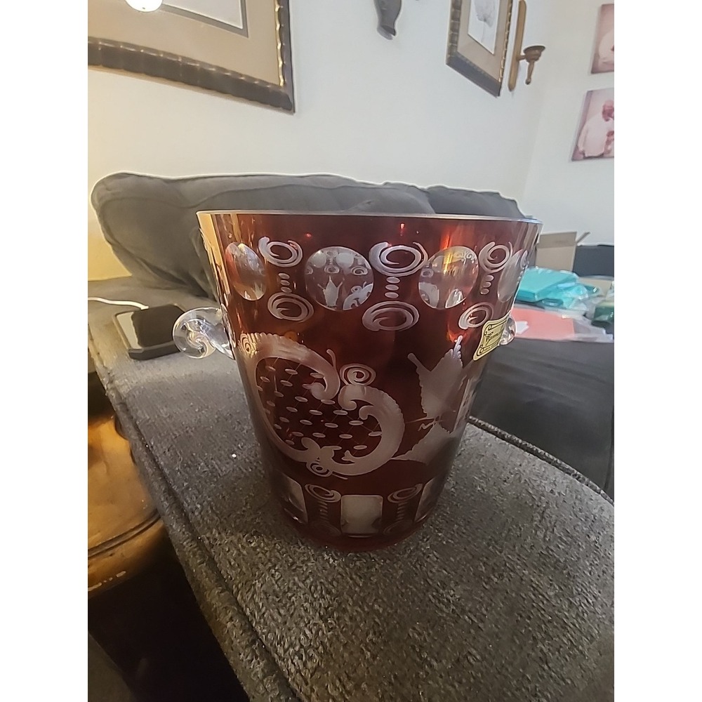 EGERMANN Antique Bohemian Czech Ruby Red Cut to Clear Crystal Ice Bucket(H: 5")